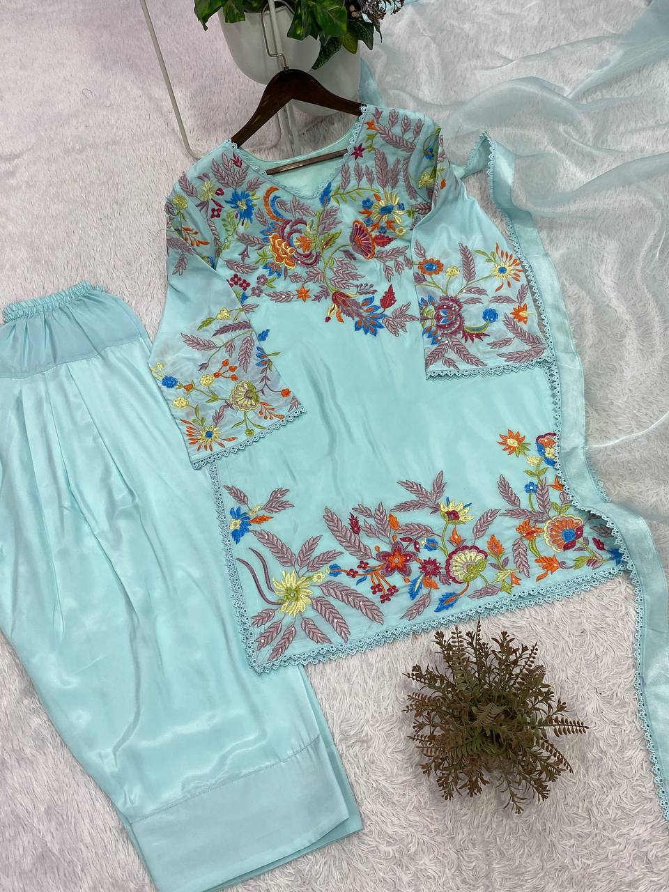 Sky Blue Crepe Silk Sequin Kurta Salwar Set, view 7