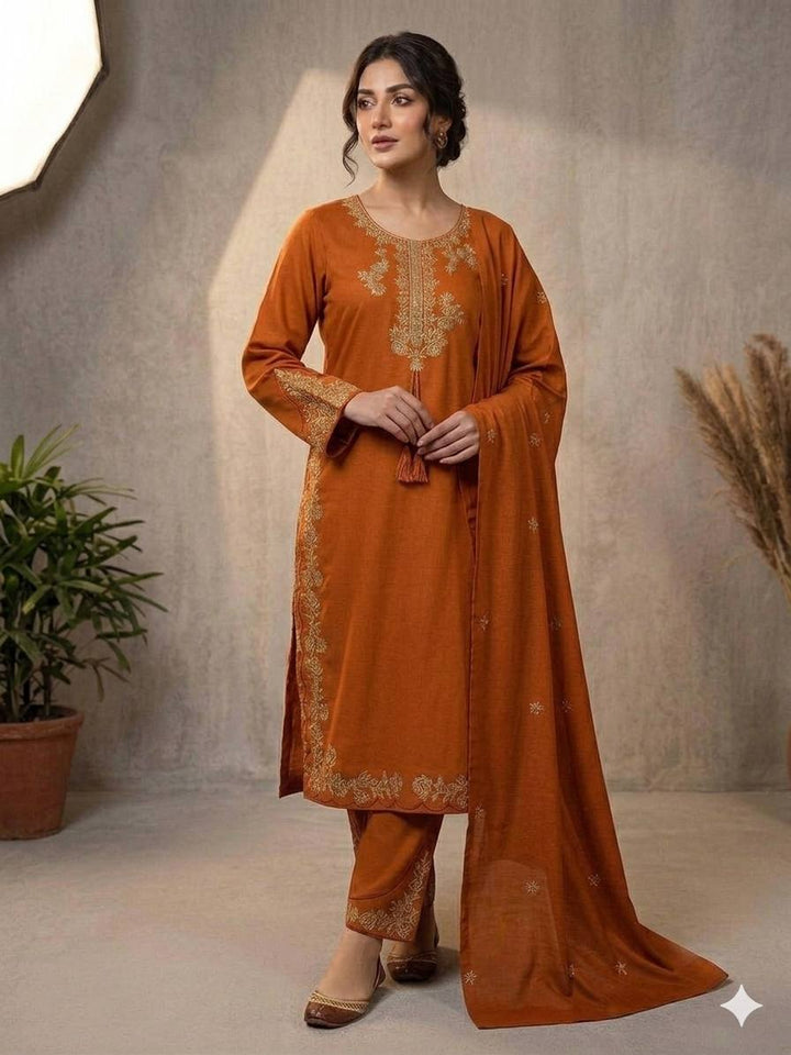 Rust Orange Roman Silk Embroidered Kurta Palazzo Set