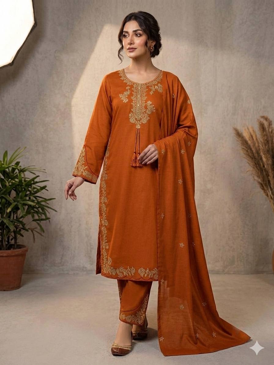 Rust Orange Roman Silk Embroidered Kurta Palazzo Set, view 2