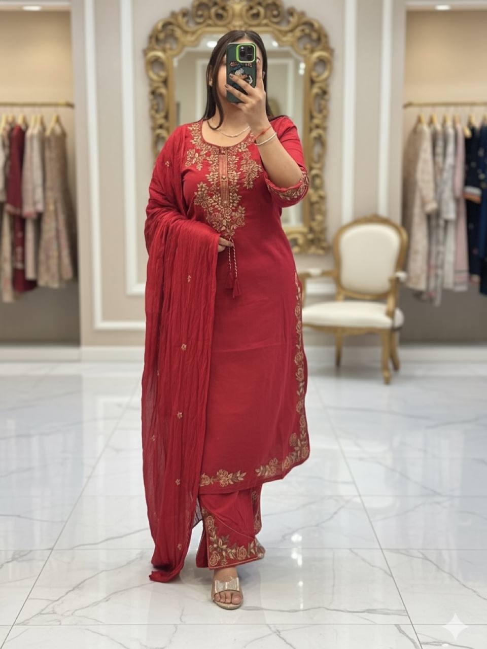 Red Roman Silk Embroidered Kurta Palazzo Set