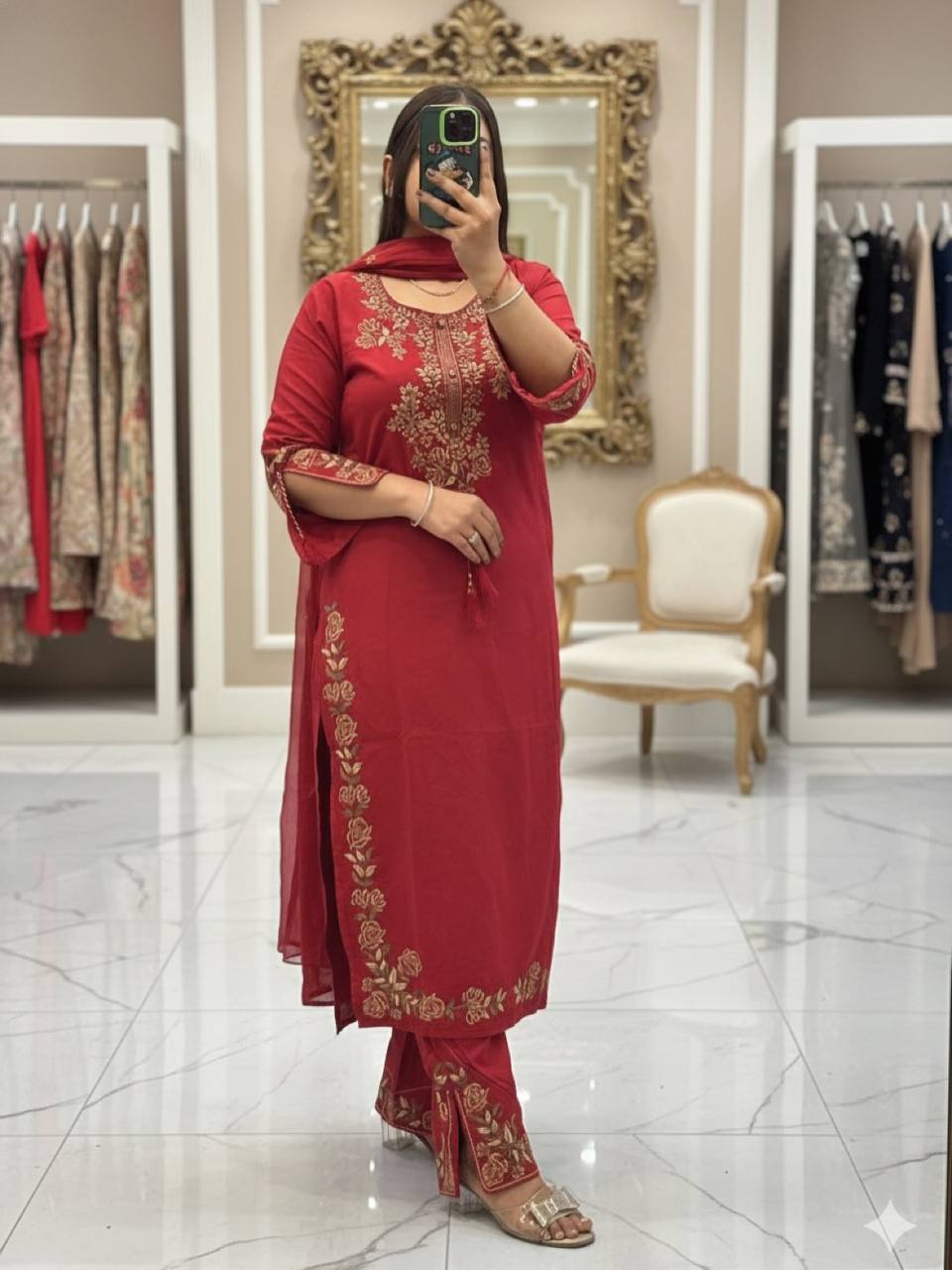 Red Roman Silk Embroidered Kurta Palazzo Set, view 2