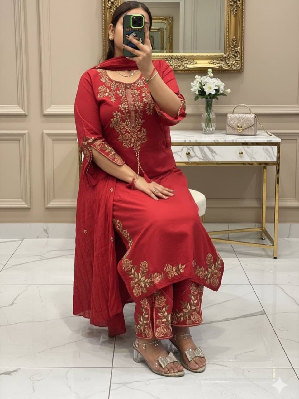 Red Roman Silk Embroidered Kurta Palazzo Set, view 3