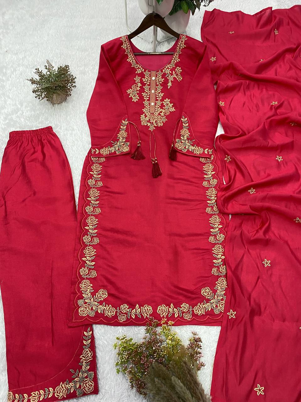 Red Roman Silk Embroidered Kurta Palazzo Set, view 4
