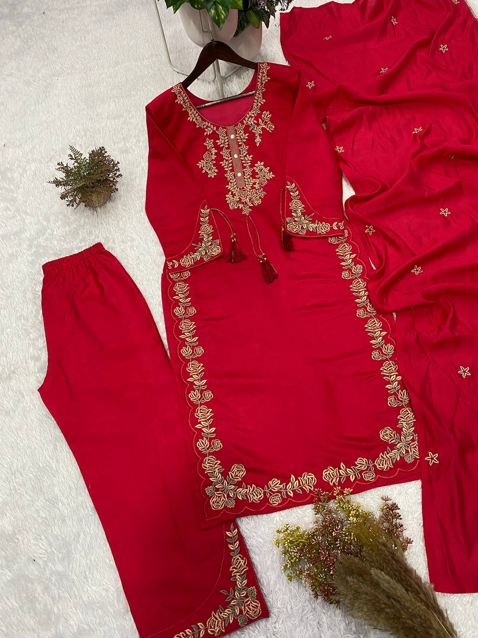 Red Roman Silk Embroidered Kurta Palazzo Set, view 5