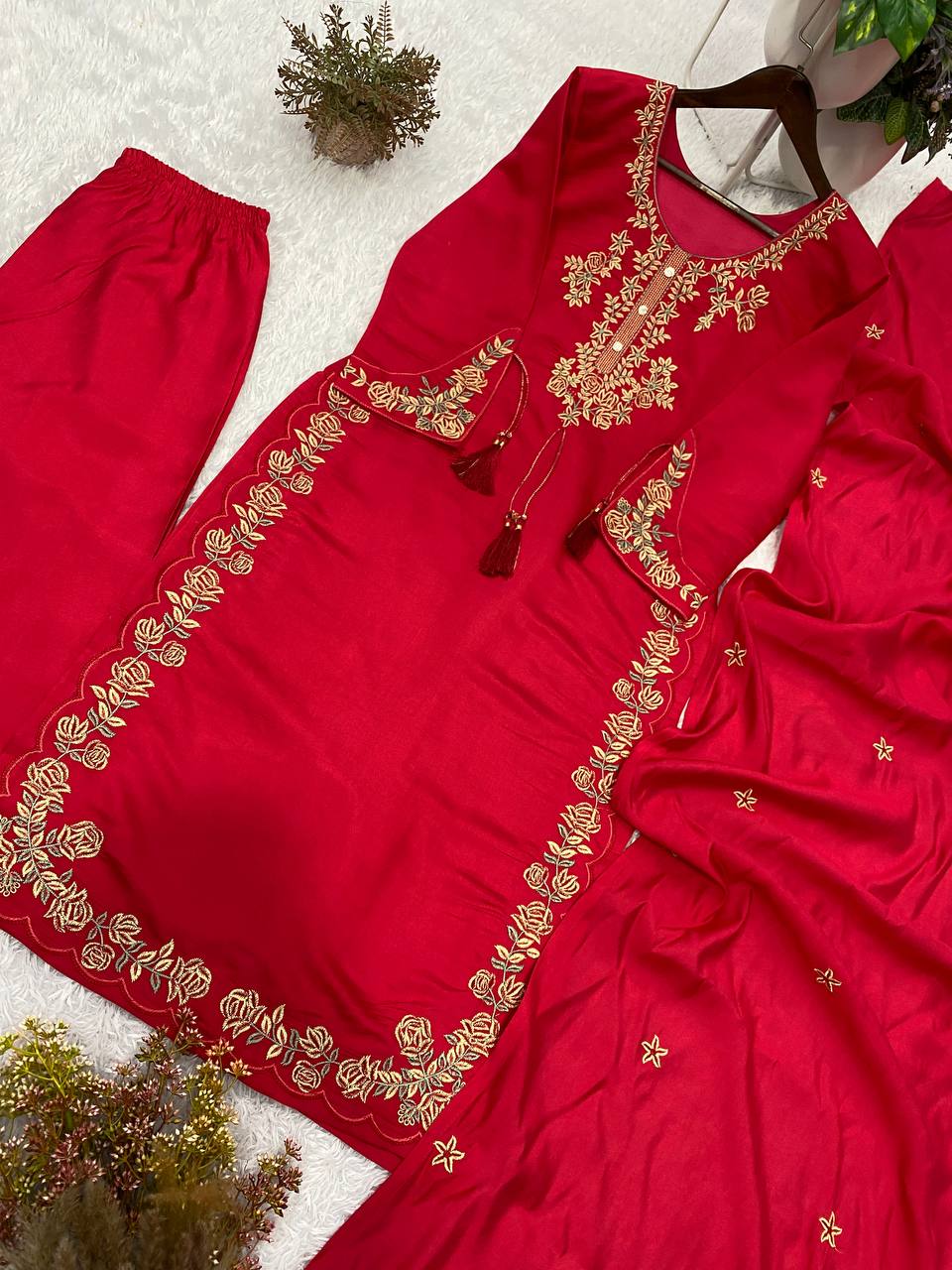 Red Roman Silk Embroidered Kurta Palazzo Set, view 6
