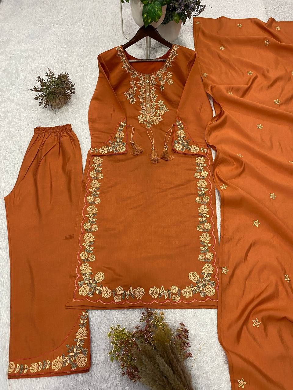 Rust Orange Roman Silk Embroidered Kurta Palazzo Set, view 3