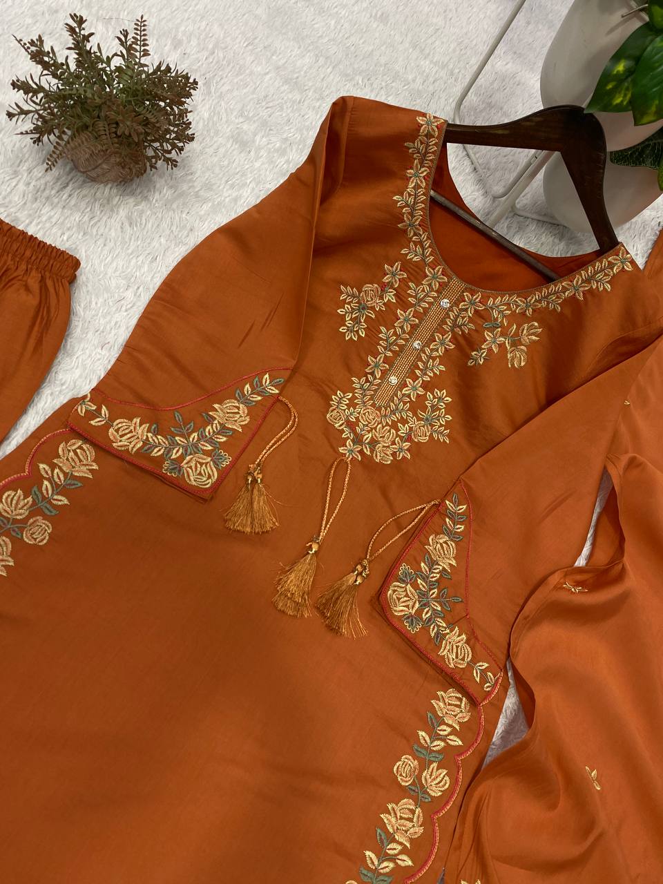 Rust Orange Roman Silk Embroidered Kurta Palazzo Set, view 4