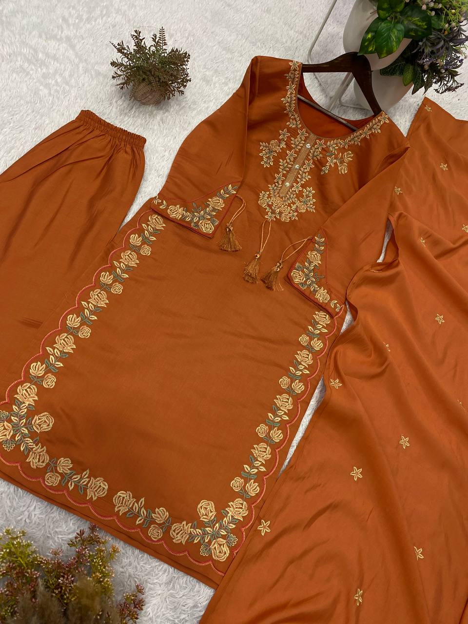 Rust Orange Roman Silk Embroidered Kurta Palazzo Set, view 5