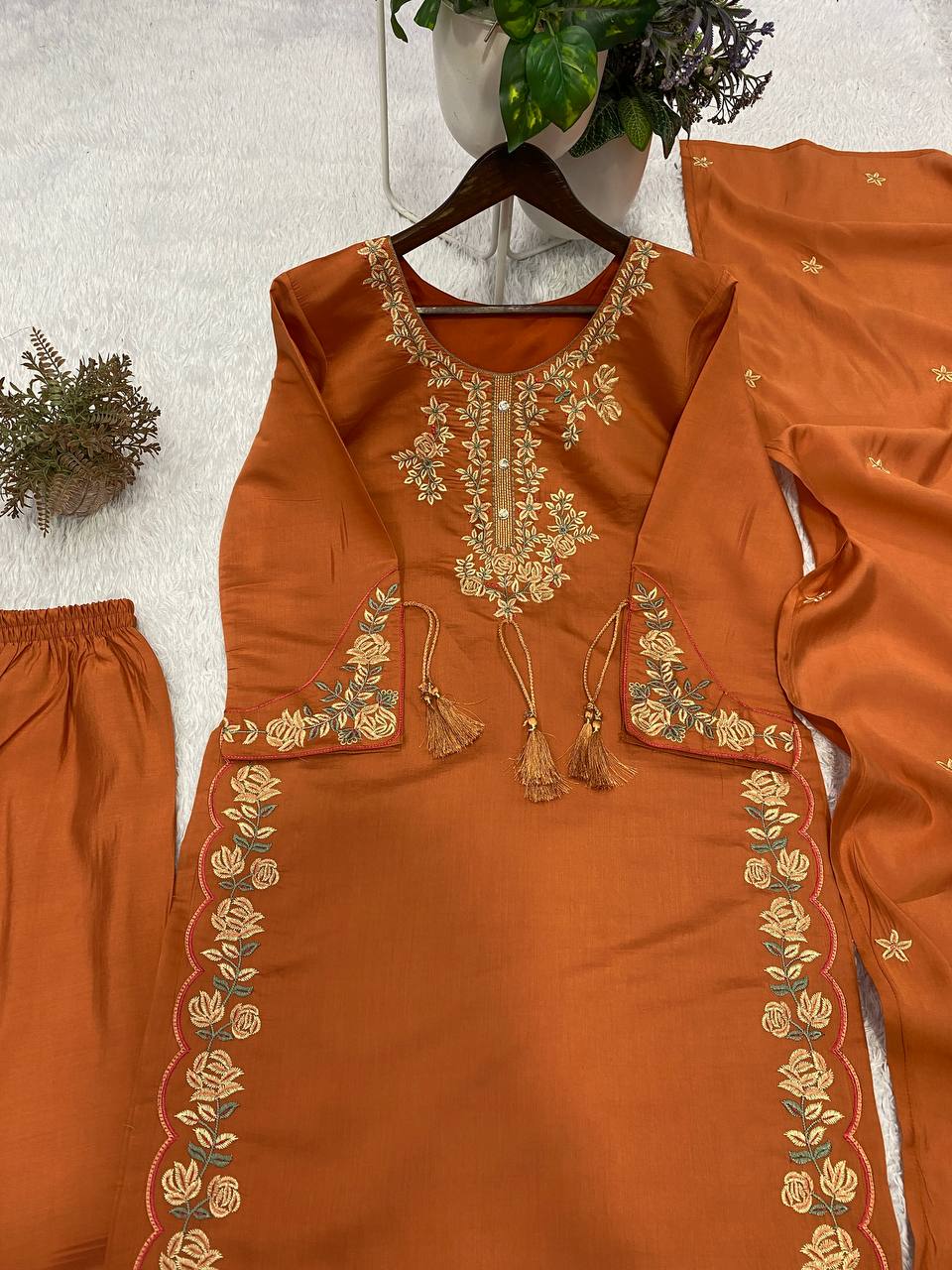 Rust Orange Roman Silk Embroidered Kurta Palazzo Set, view 6
