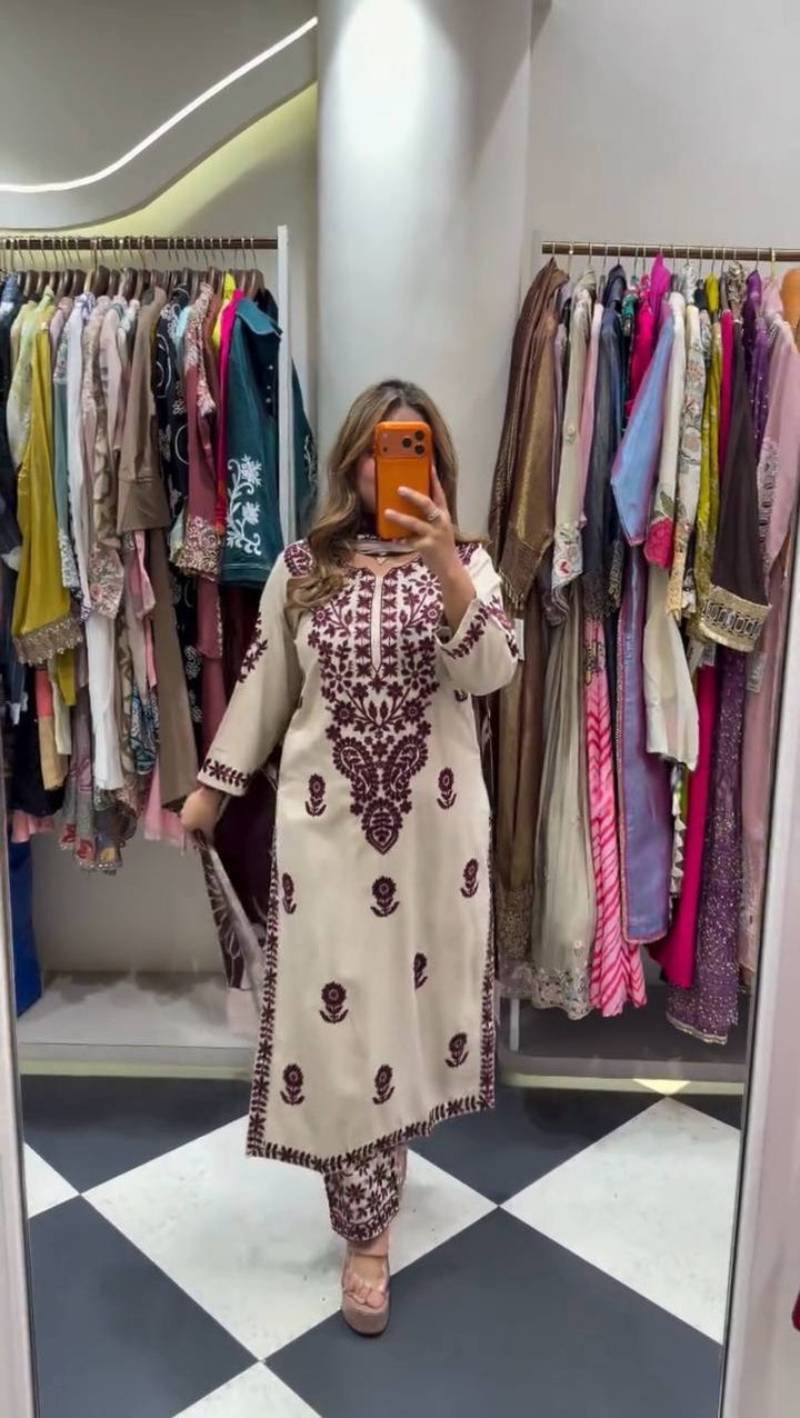 Off-White and Wine Rayon Embroidered Kurta Palazzo Set