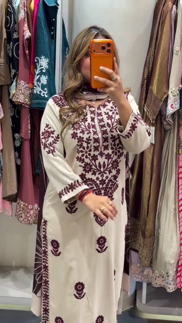 Off-White and Wine Rayon Embroidered Kurta Palazzo Set, view 2
