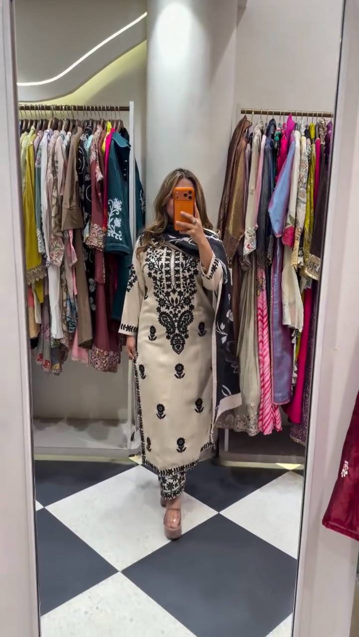 Off-White and Wine Rayon Embroidered Kurta Palazzo Set, view 3