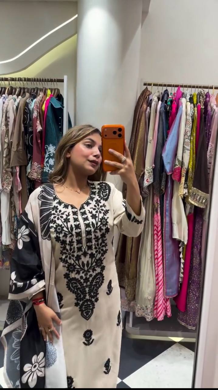 Off-White and Black Rayon Embroidered Kurta Palazzo Set