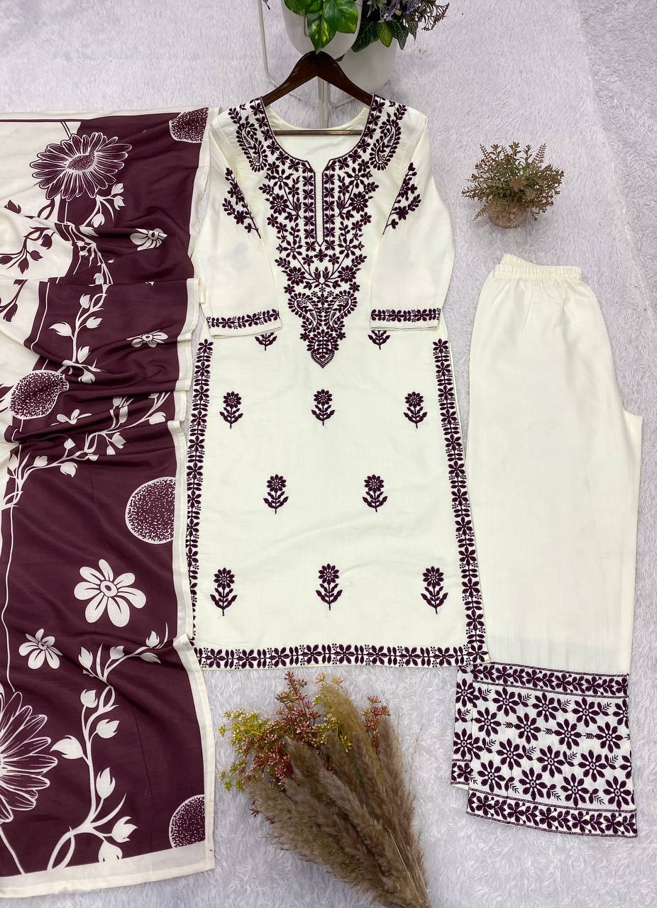 Off-White and Wine Rayon Embroidered Kurta Palazzo Set, view 4