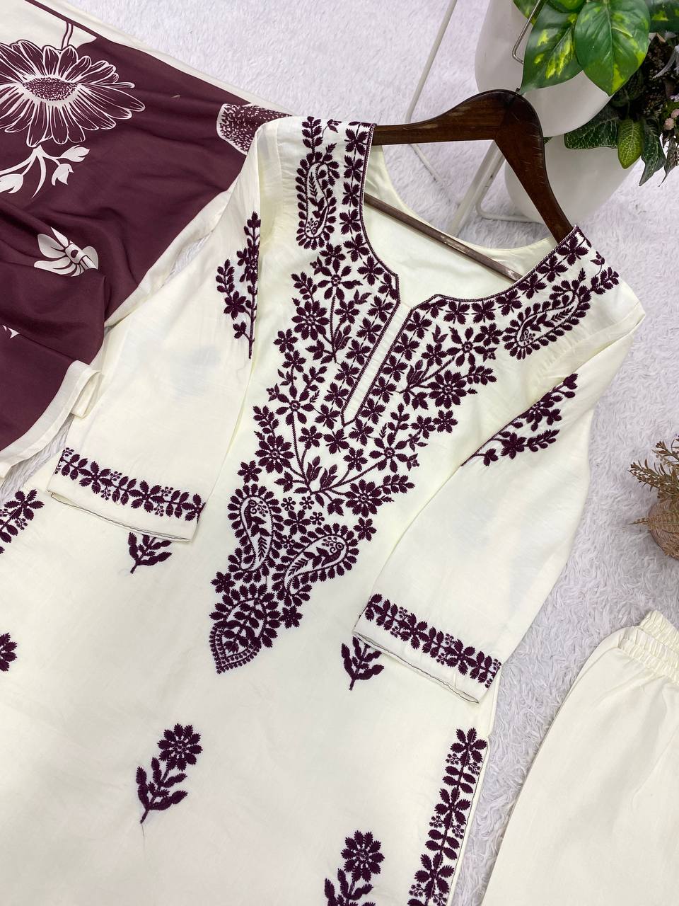 Off-White and Wine Rayon Embroidered Kurta Palazzo Set, view 5