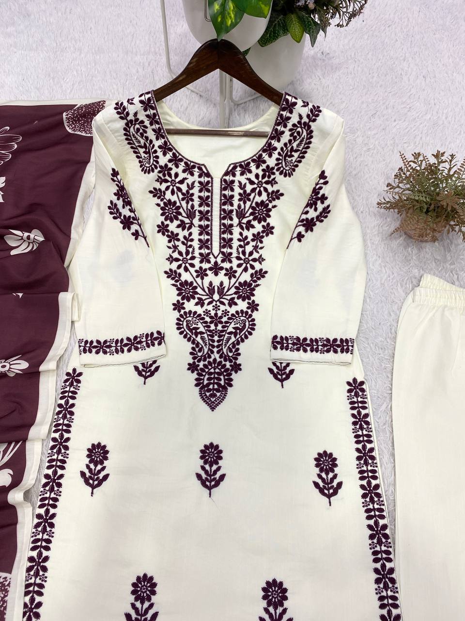 Off-White and Wine Rayon Embroidered Kurta Palazzo Set, view 6