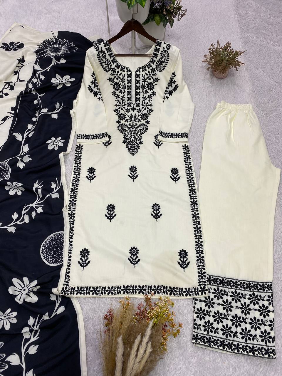 Off-White and Black Rayon Embroidered Kurta Palazzo Set, view 2