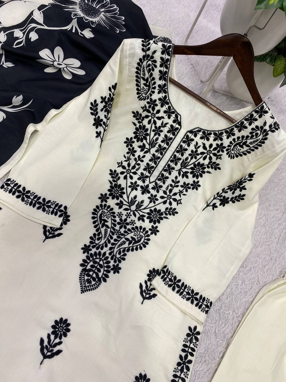 Off-White and Black Rayon Embroidered Kurta Palazzo Set, view 3