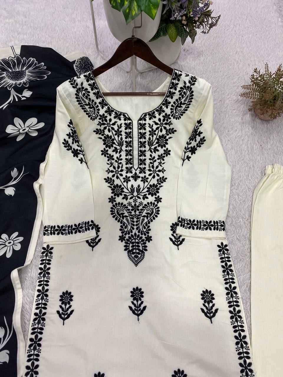 Off-White and Black Rayon Embroidered Kurta Palazzo Set, view 4