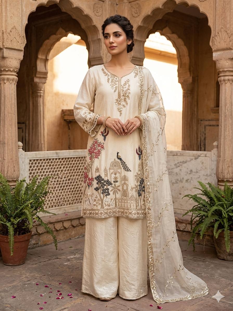 Off-White Fendy Silk Sequin Kurta Palazzo Set, view 2