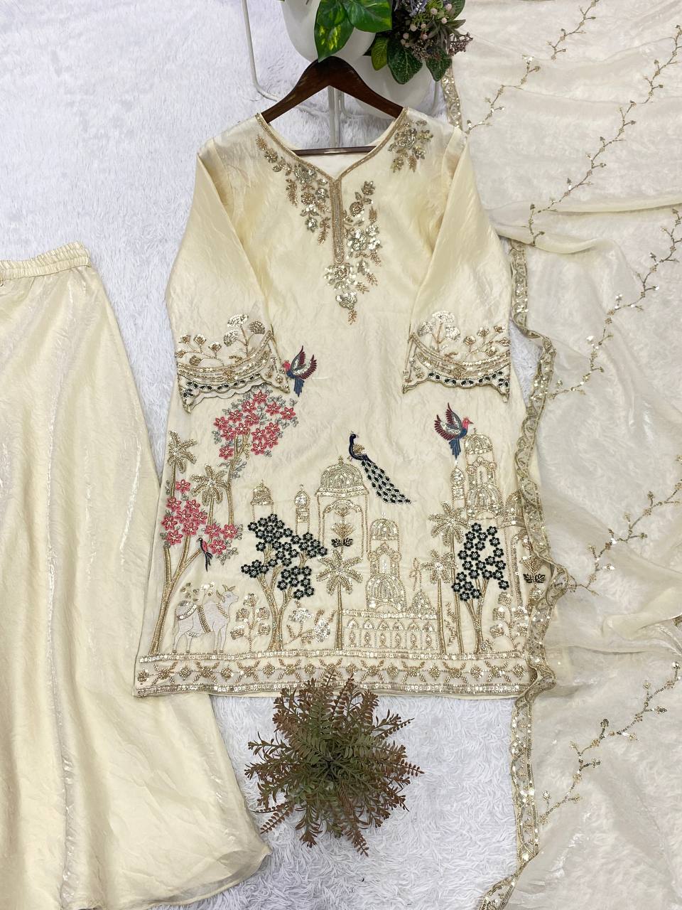 Off-White Fendy Silk Sequin Kurta Palazzo Set, view 3