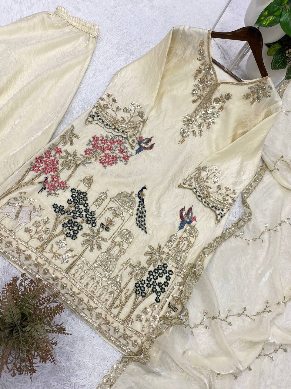 Off-White Fendy Silk Sequin Kurta Palazzo Set, view 5