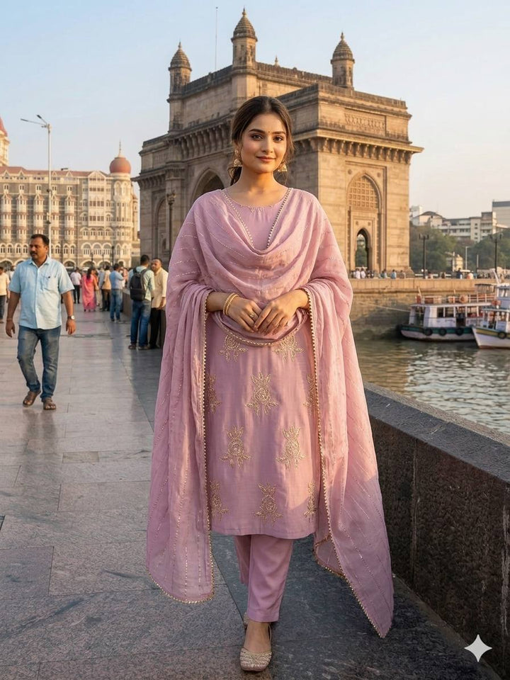 Baby Pink Chinon Sequin Kurta Pant Set