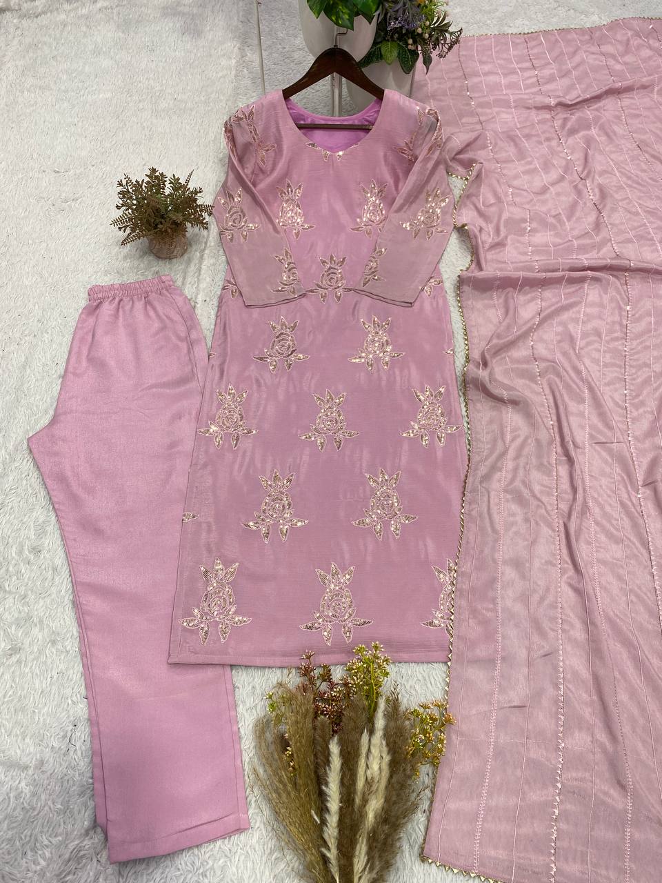 Baby Pink Chinon Sequin Kurta Pant Set, view 5