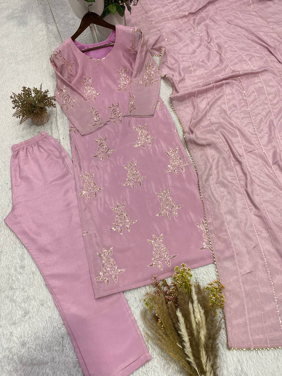 Baby Pink Chinon Sequin Kurta Pant Set, view 6