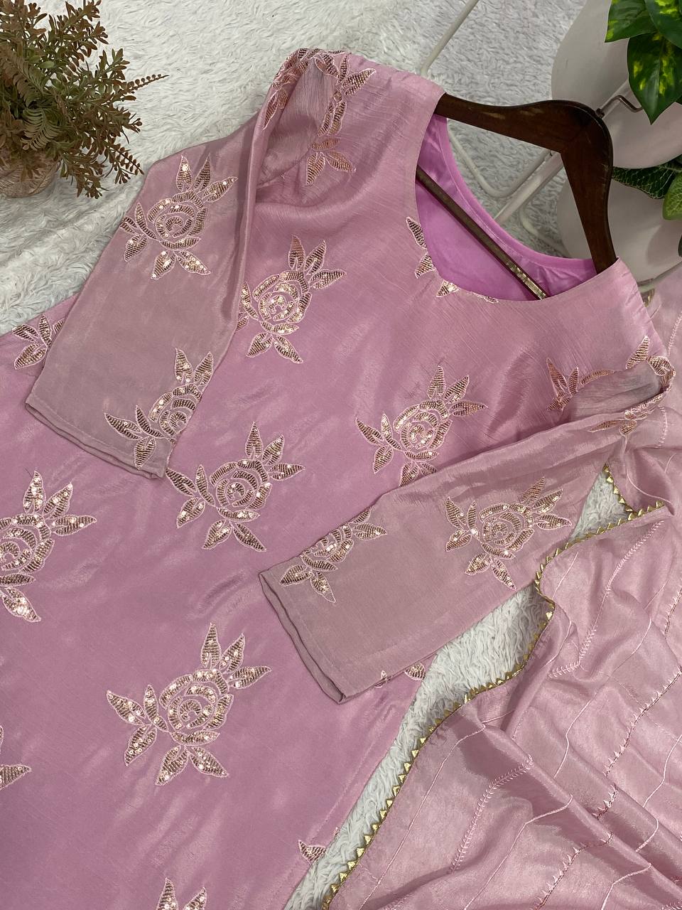 Baby Pink Chinon Sequin Kurta Pant Set, view 7