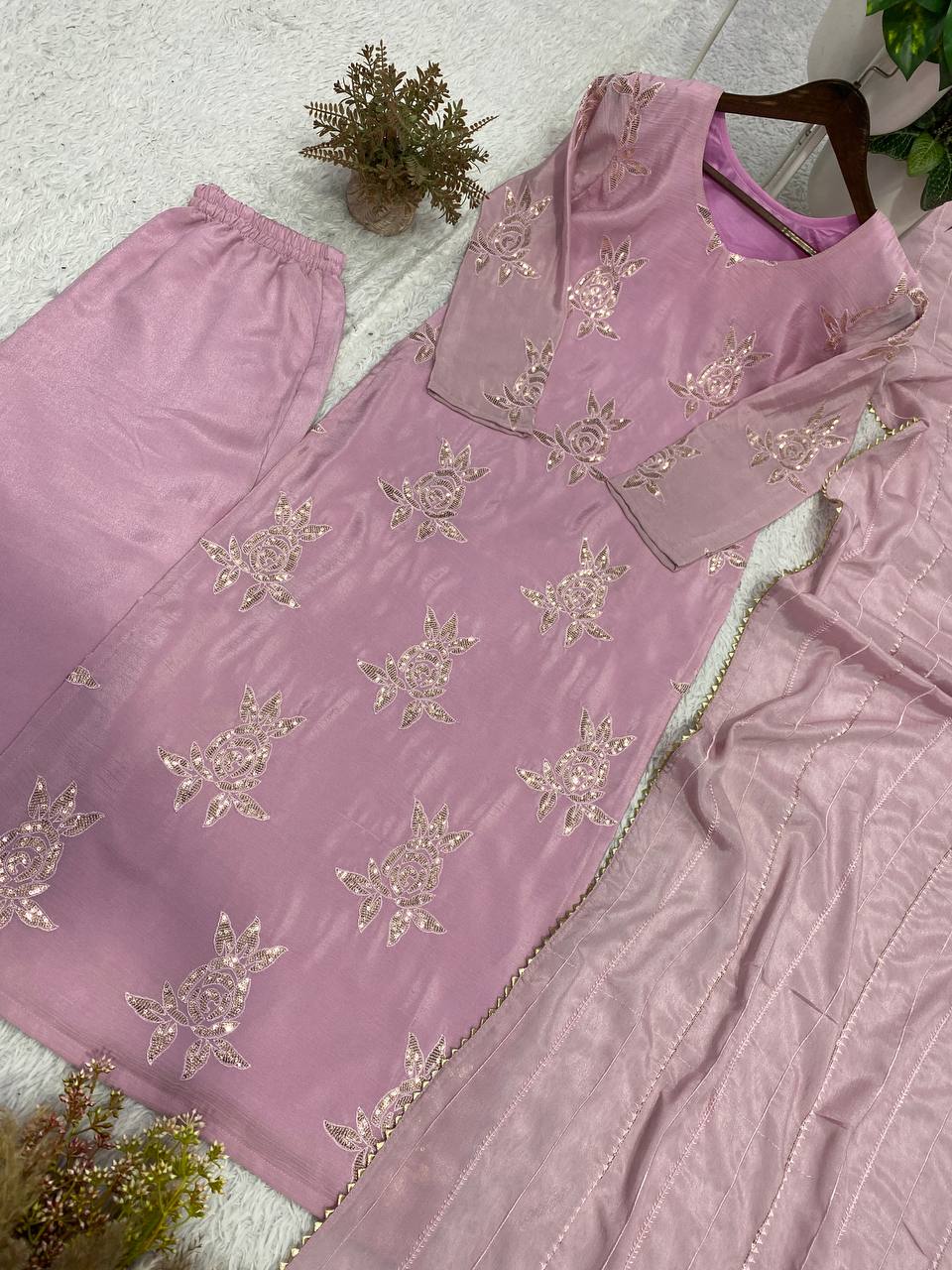 Baby Pink Chinon Sequin Kurta Pant Set, view 8