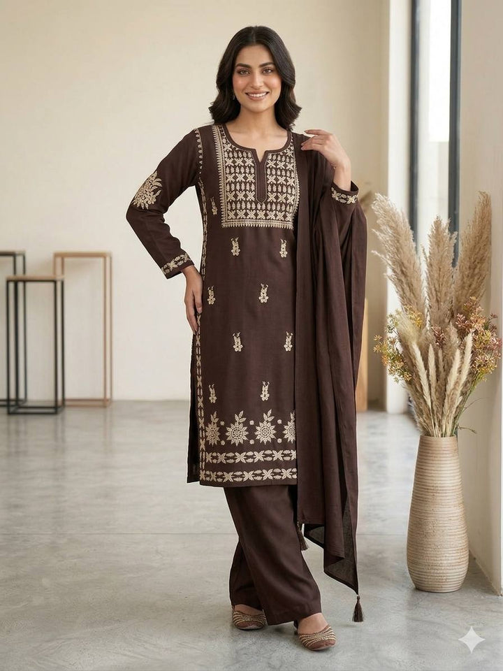 Coffee Brown Rayon Chikankari Kurta Palazzo Set