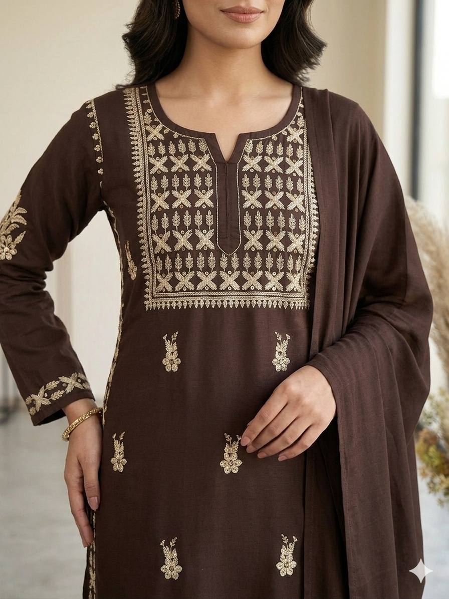 Coffee Brown Rayon Chikankari Kurta Palazzo Set, view 2