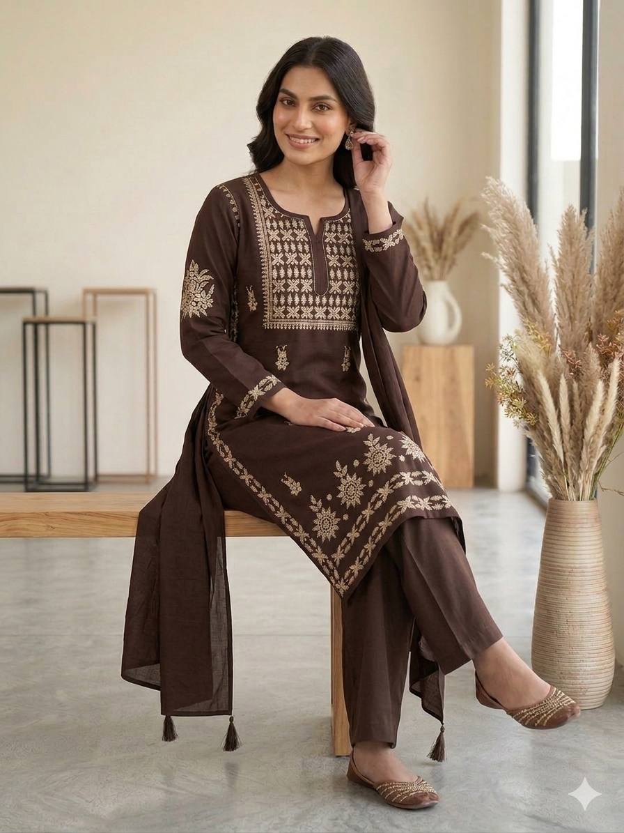 Coffee Brown Rayon Chikankari Kurta Palazzo Set, view 3