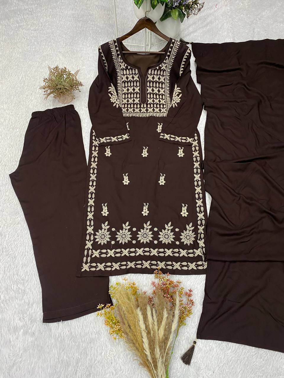 Coffee Brown Rayon Chikankari Kurta Palazzo Set, view 4