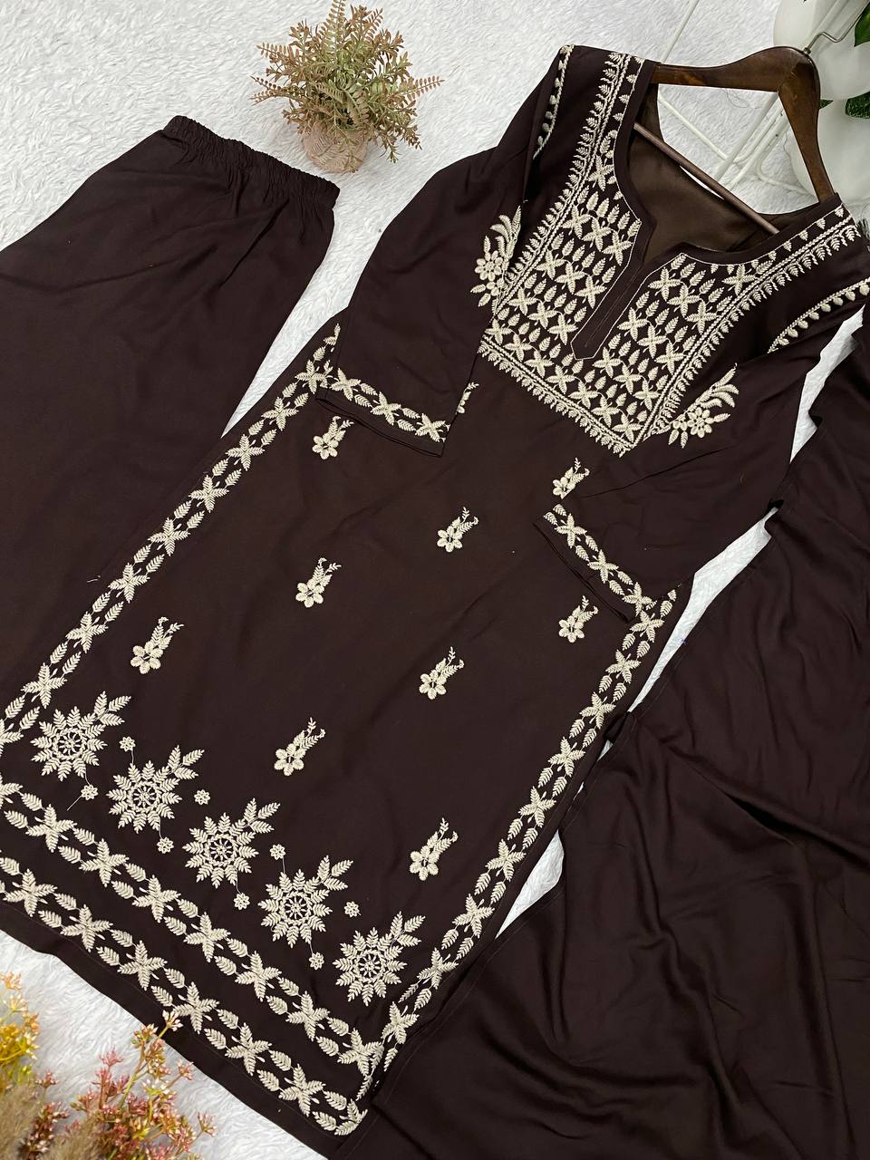 Coffee Brown Rayon Chikankari Kurta Palazzo Set, view 5