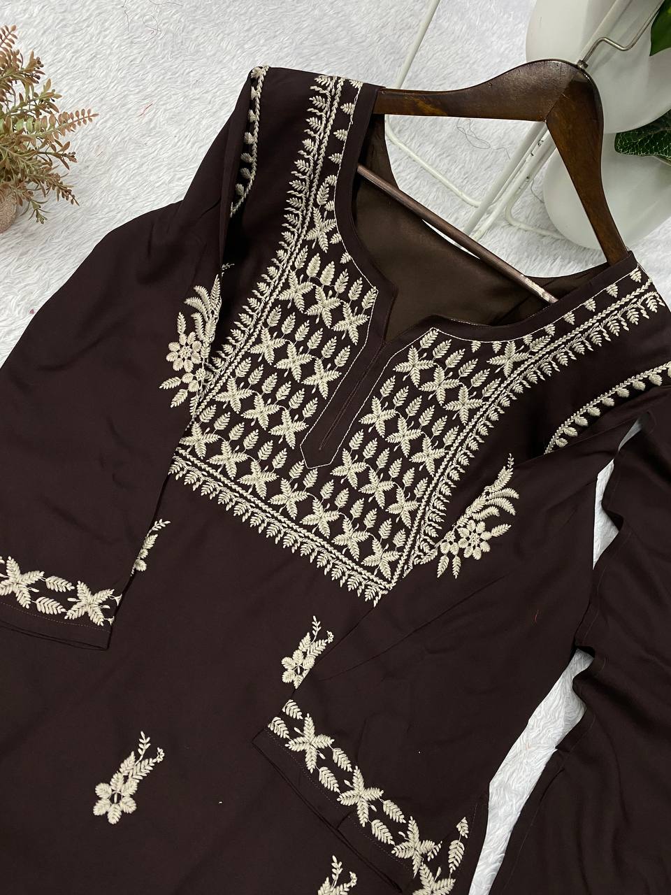 Coffee Brown Rayon Chikankari Kurta Palazzo Set, view 6