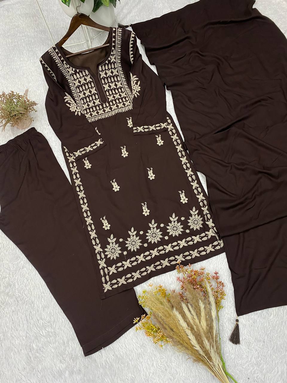 Coffee Brown Rayon Chikankari Kurta Palazzo Set, view 7