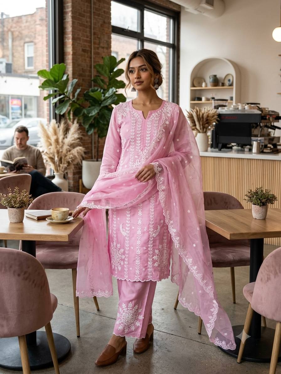 Baby Pink Jimmy Choo Embroidered Kurta Palazzo Set, view 2