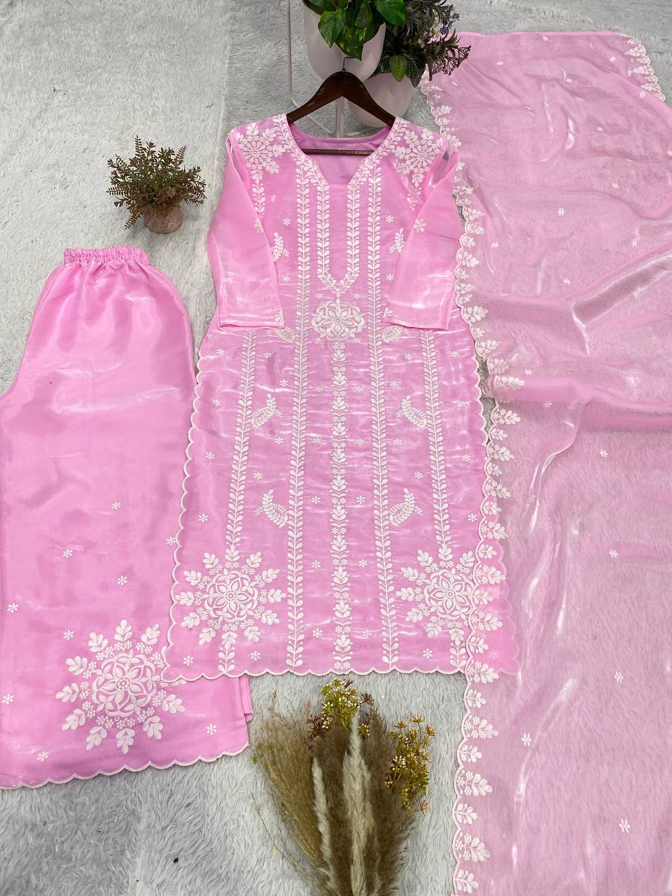 Baby Pink Jimmy Choo Embroidered Kurta Palazzo Set, view 3