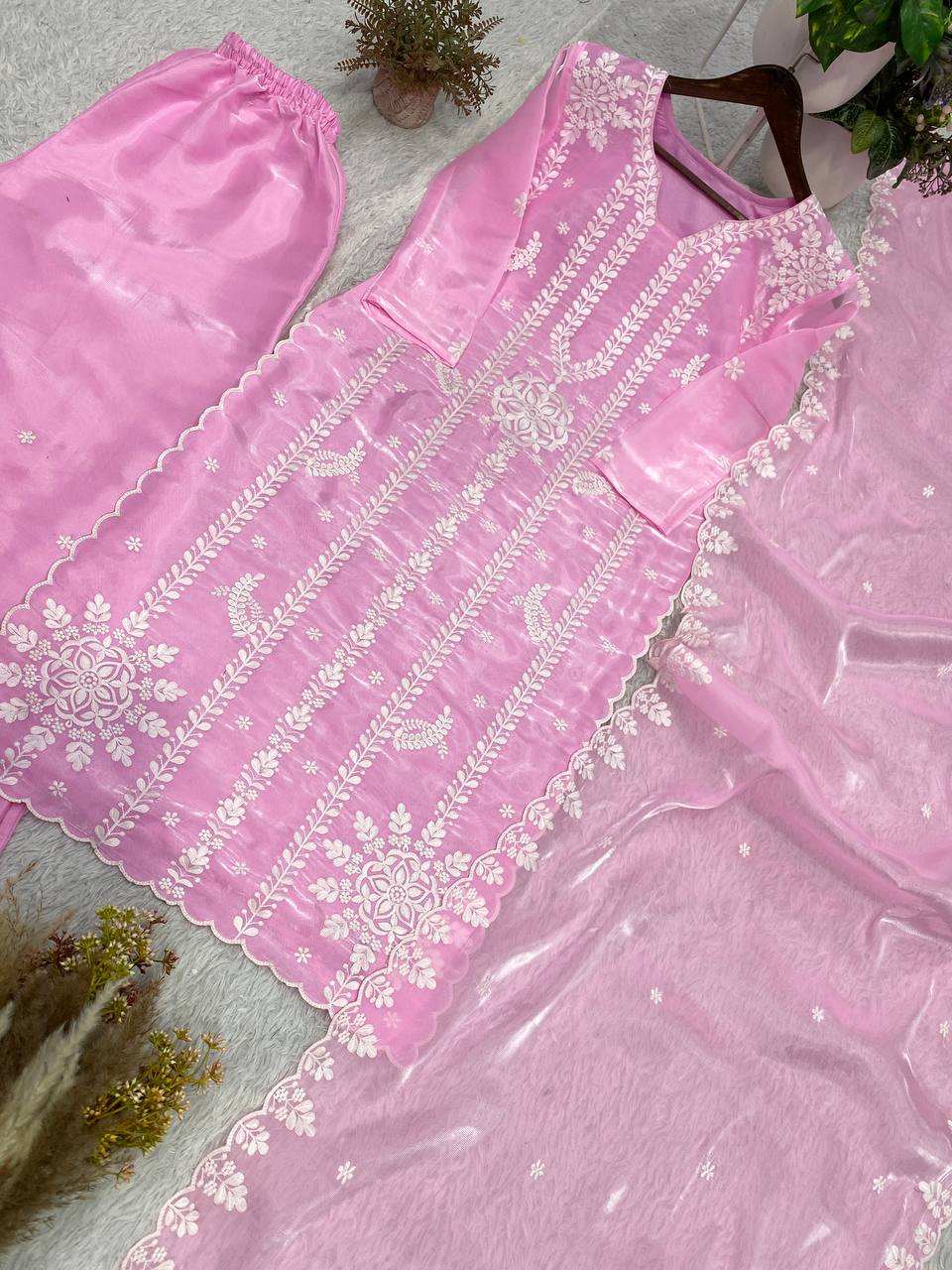 Baby Pink Jimmy Choo Embroidered Kurta Palazzo Set, view 5