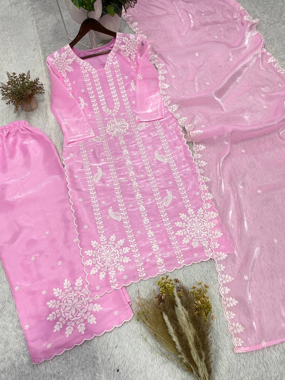 Baby Pink Jimmy Choo Embroidered Kurta Palazzo Set, view 6