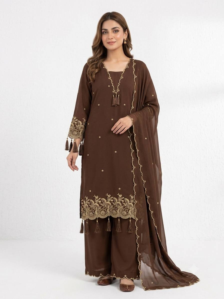 Coffee Brown Rayon Embroidered Kurta Palazzo Set
