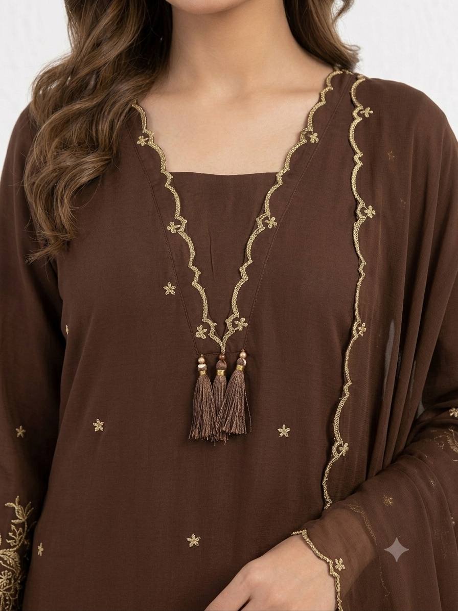Coffee Brown Rayon Embroidered Kurta Palazzo Set, view 2