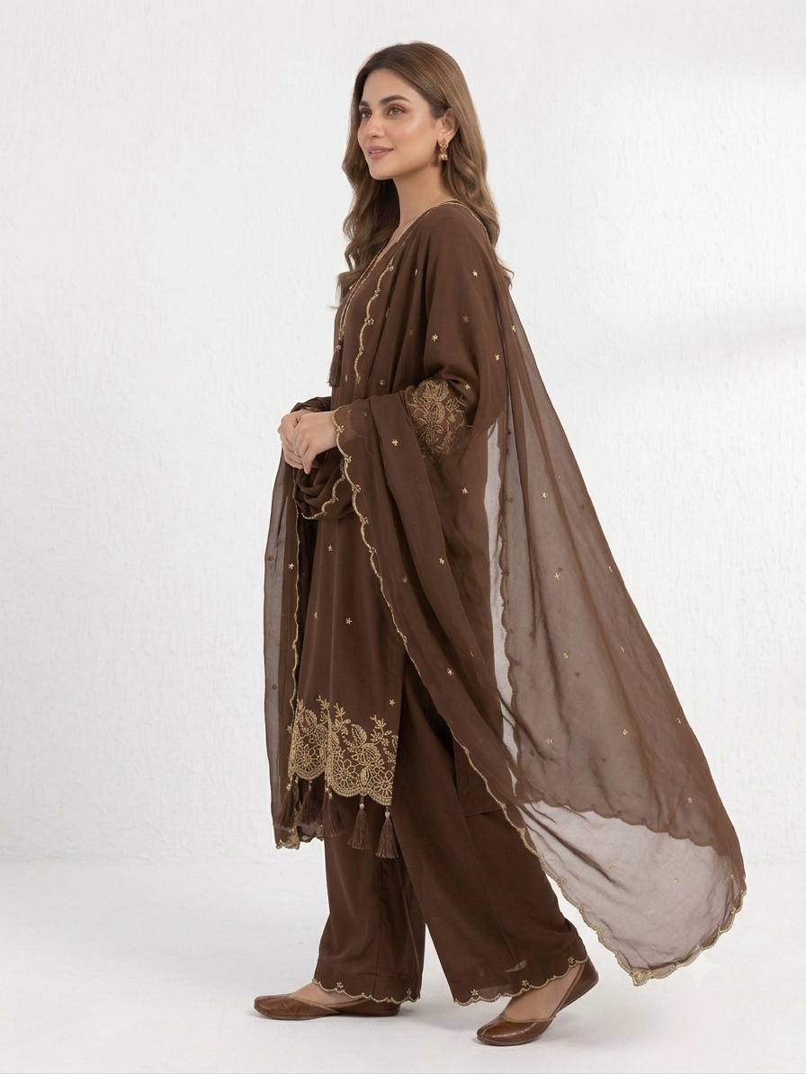 Coffee Brown Rayon Embroidered Kurta Palazzo Set, view 3