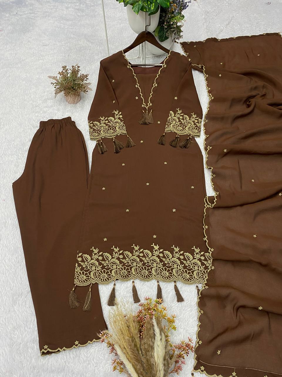 Coffee Brown Rayon Embroidered Kurta Palazzo Set, view 4