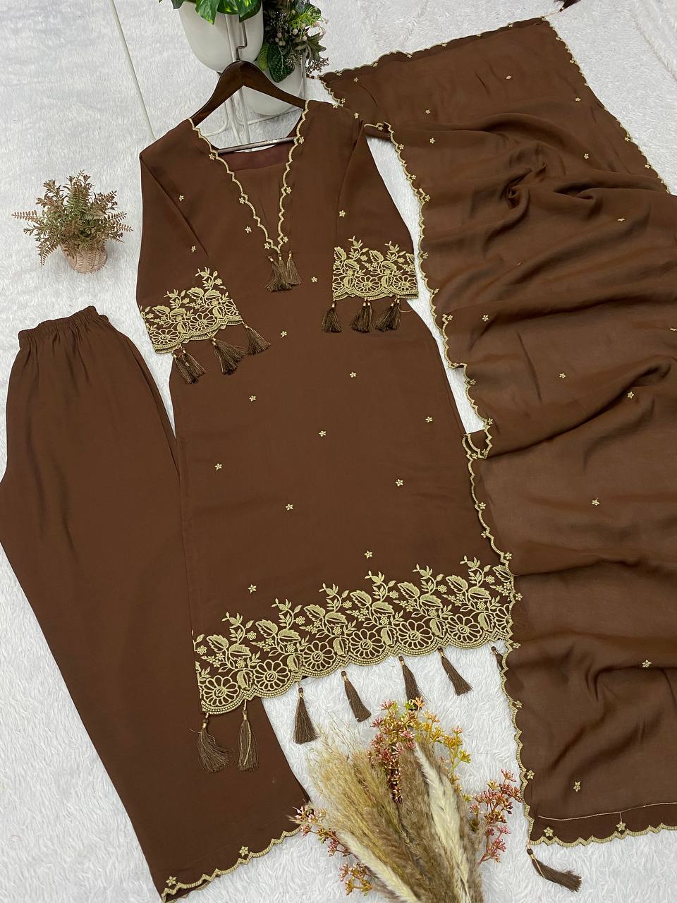 Coffee Brown Rayon Embroidered Kurta Palazzo Set, view 5