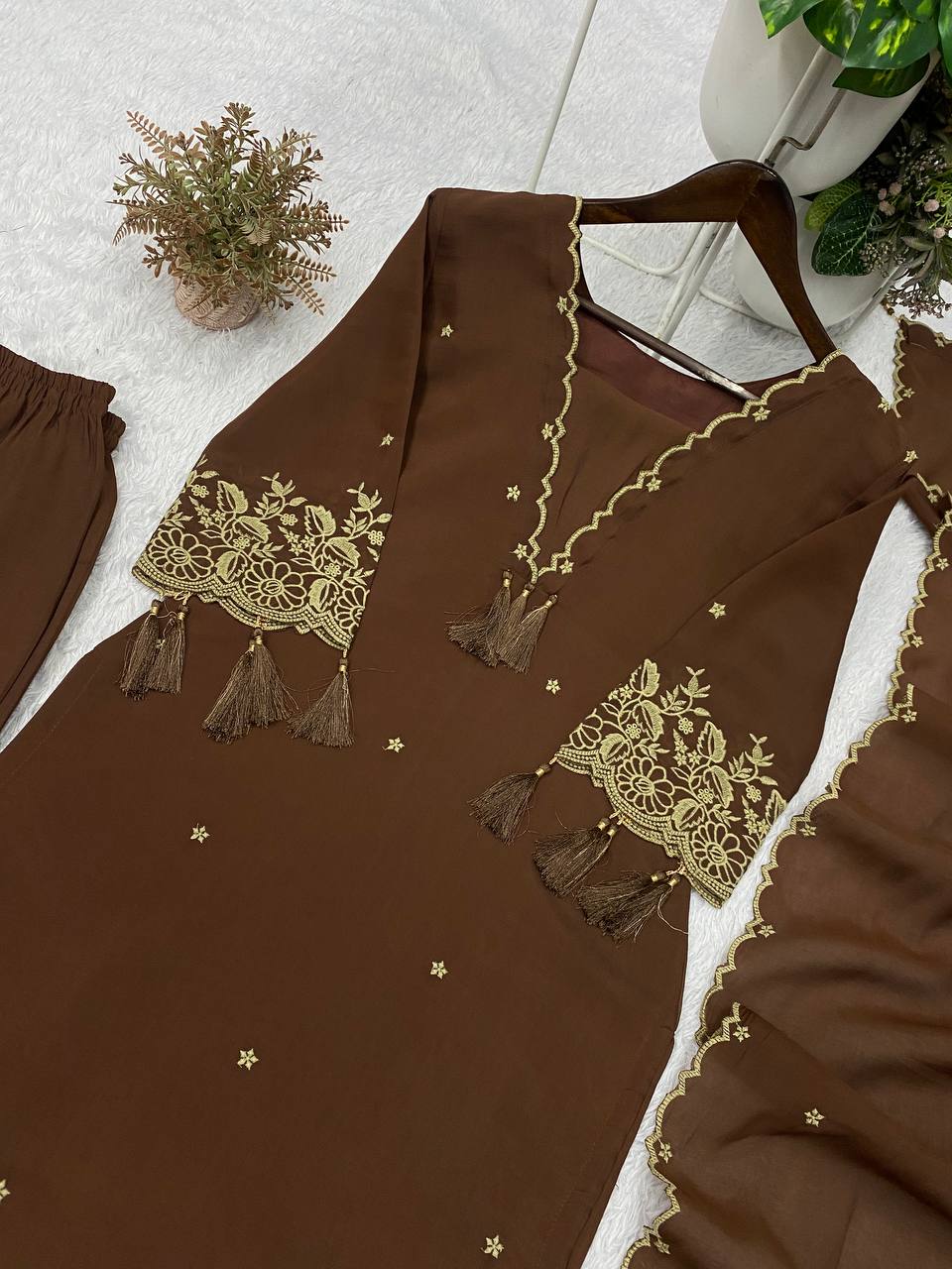 Coffee Brown Rayon Embroidered Kurta Palazzo Set, view 6