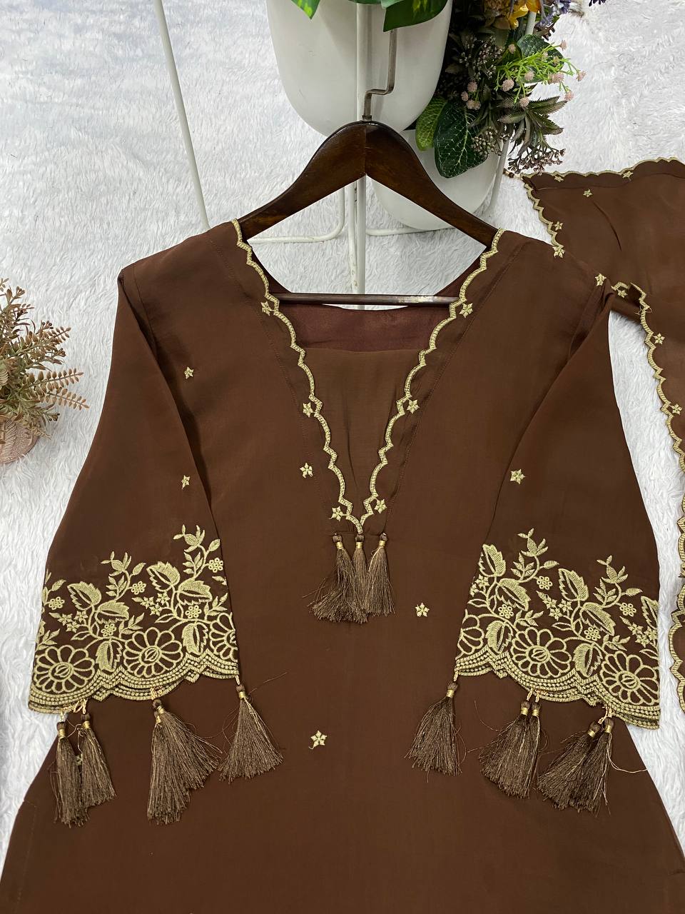 Coffee Brown Rayon Embroidered Kurta Palazzo Set, view 7