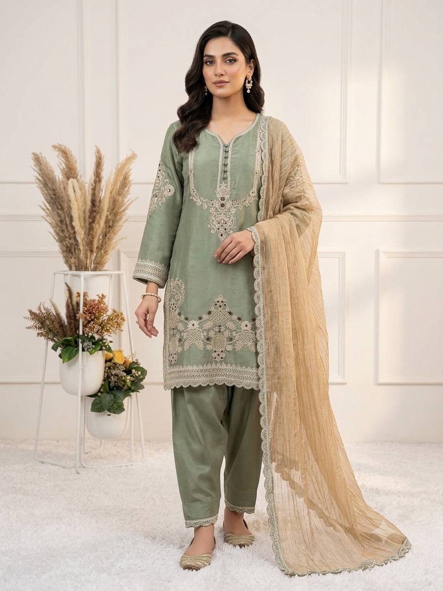 Sage Green Glass Satin Sequin Kurta Salwar Set, view 2